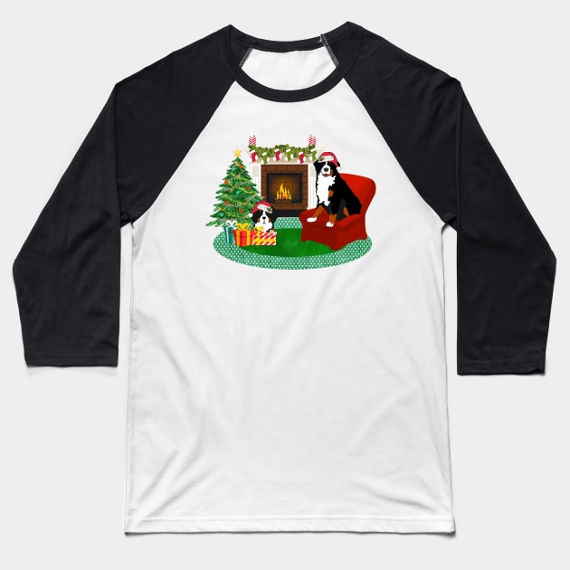 Bernese Mountain Dogs Waiting For Santa Baseball T-Shirt by emrdesigns